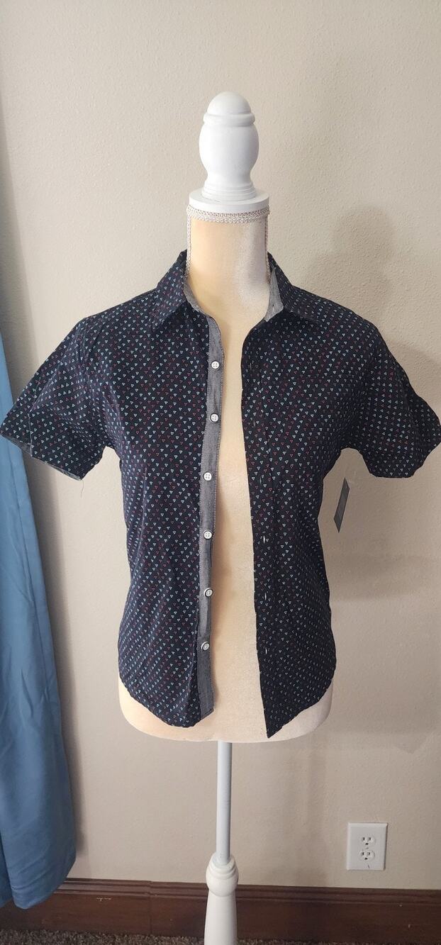 Perry Ellis Boy Black Geometric Short Sleeve Button-Up Collared Shirt Size 10Y